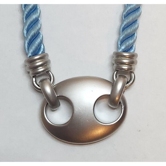Blue Roped Cord Silvertone Pendant Choker Statement Piece 16" Marked MW - Picture 2 of 4